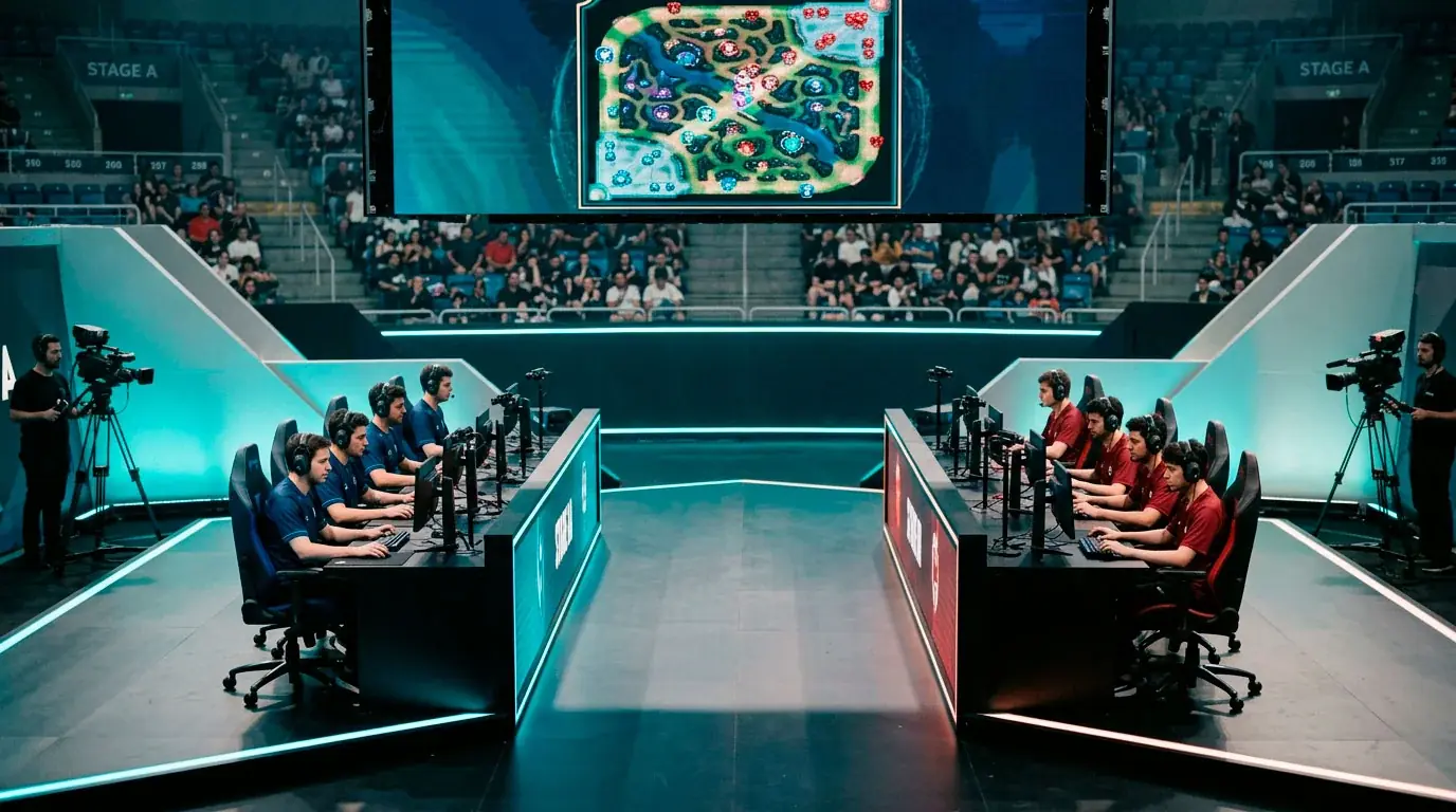Palco de um torneio profissional de League of Legends com equipas a competir e ecrãs de transmissão